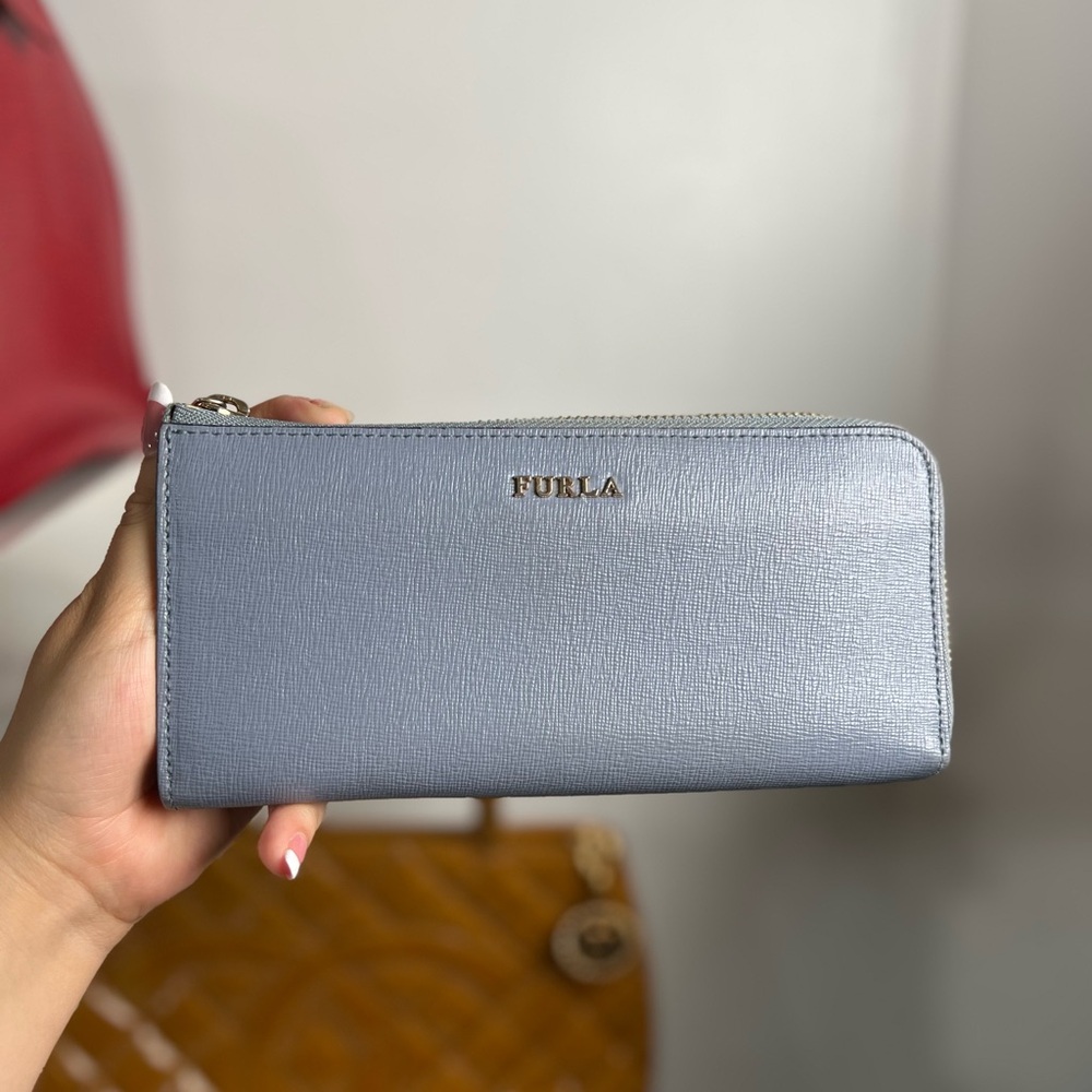 Furla Light Blue Saffiano Zip Wallet